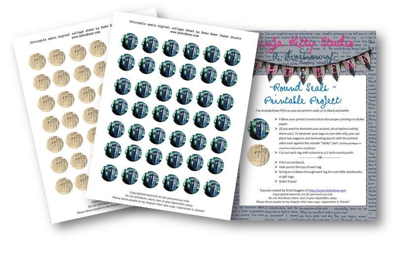 DIY Printable Envelope Seals, 2 Doctor Who Inspired Designs, 1 inch Round Stickers, Digital PDF DOwnload