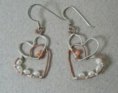 Hammered overlapping beaded sterling silver and copper heart dangles