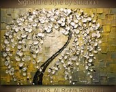 ORIGINAL Abstract Contemporary Weeping White Cherry Blossom Tree Painting Thick Texture Ready to Hang Gallery Canvas 36x24 by Susanna