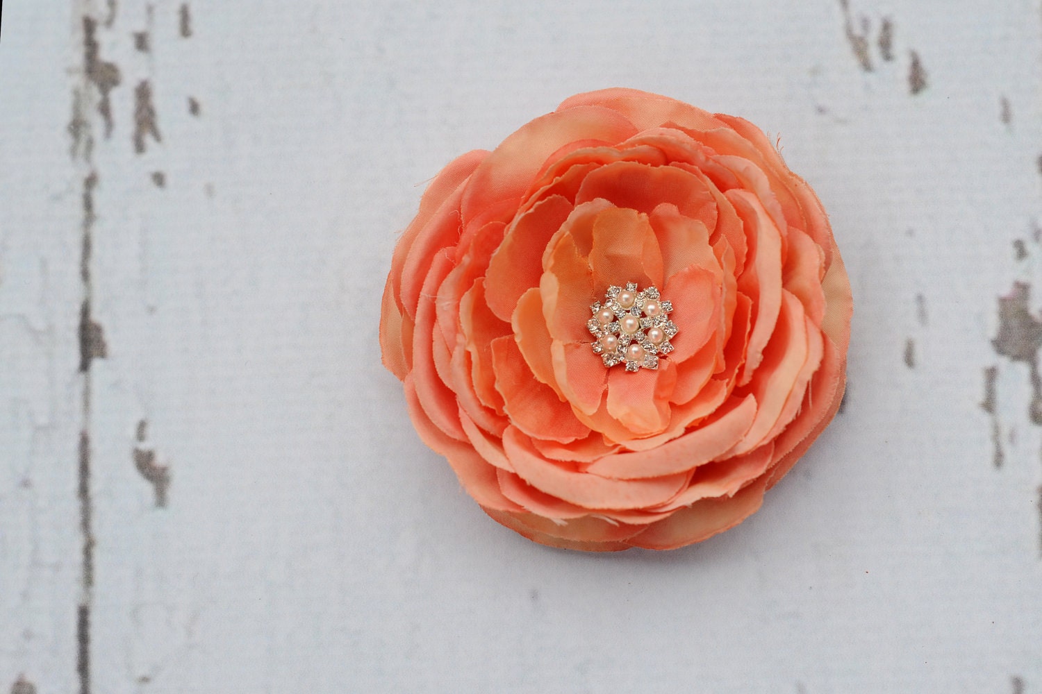 Interchangable STUNNING Coral Melon Flower with Extremely Detailed Pearl and Rhinestone Center Infants, Babies or Adults