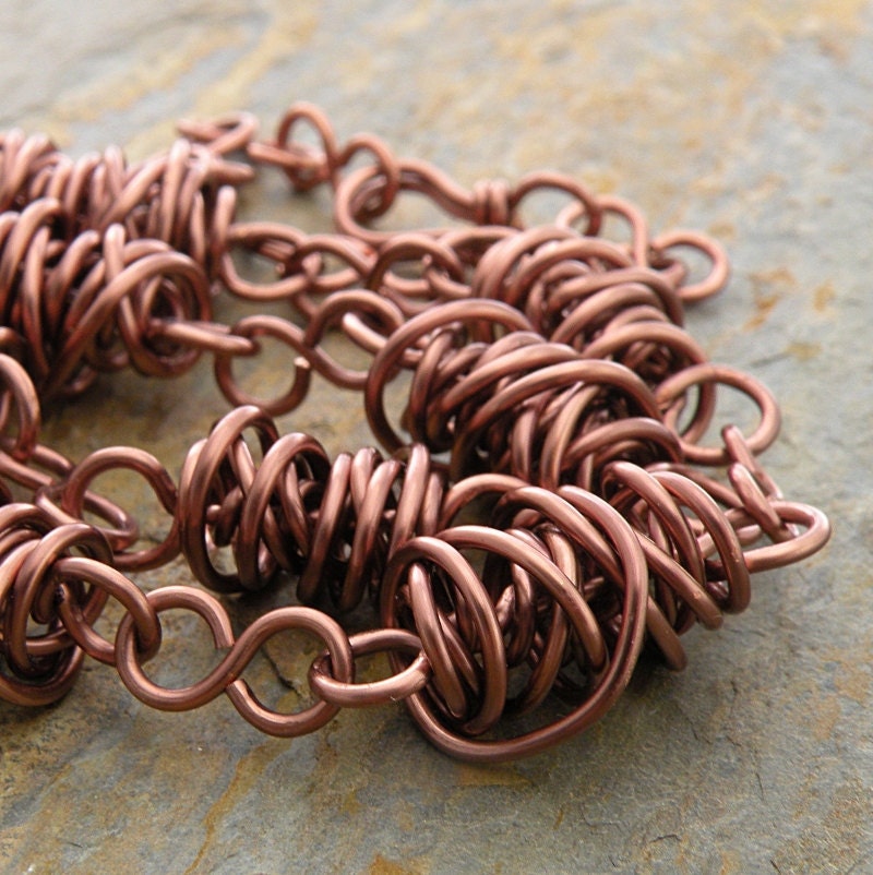 Antique Copper Necklace, Wire, Thick Twistie Beads, Casual