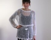 70s boho white crochet sweater / Vintage open crochet hippy sweater