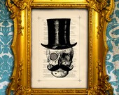 Steampunk Gentleman Original Art Skull Top Hat Handlebar Moustache VIntage Art Print Antique Print Illustration Book Print Upcycled Art