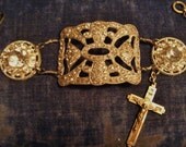 Vintage religious bracelet silver pot metal paste rhinestone Victorian shoe buckle Art Deco antique assemblage