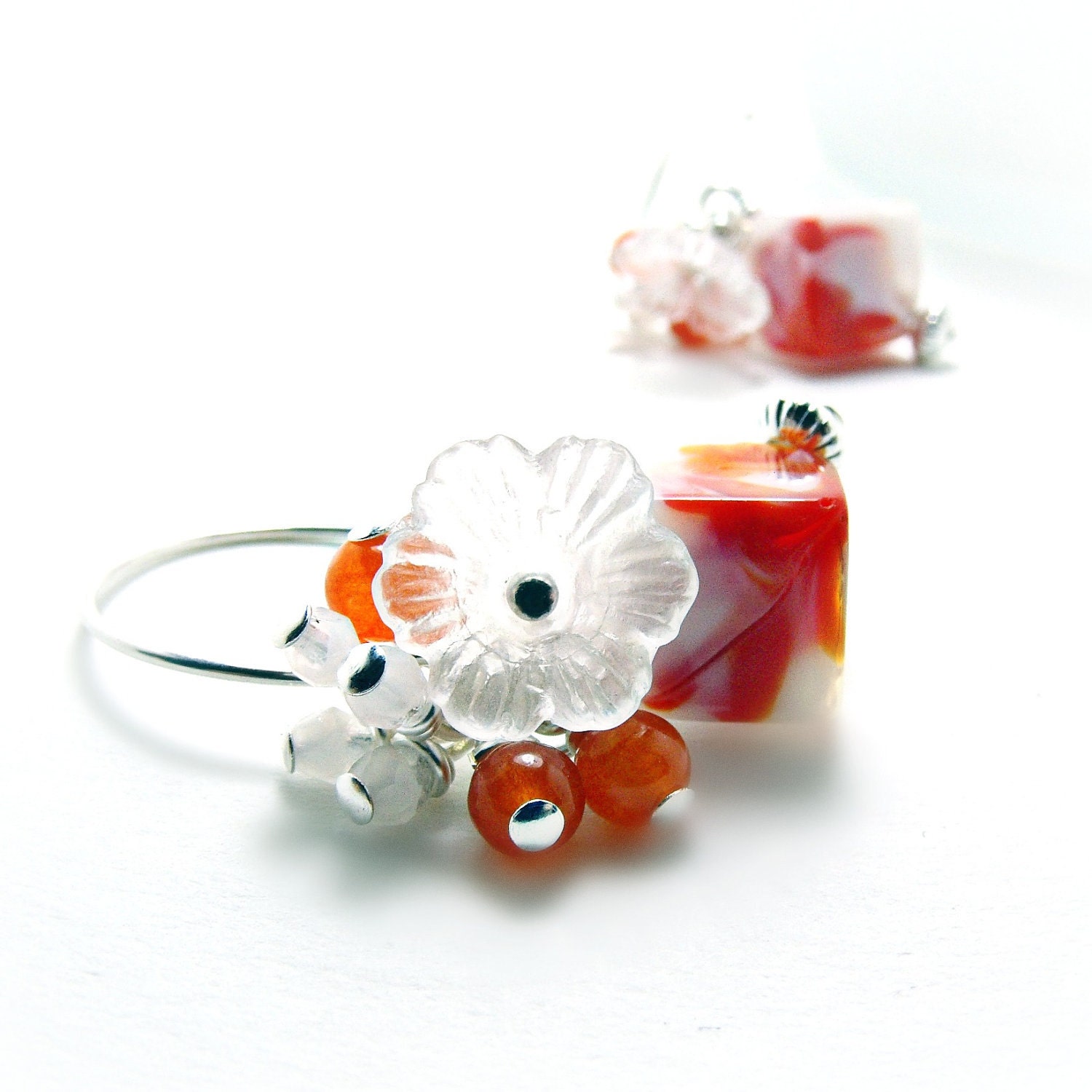 Orange and White Warrings with Carnelian- Ornager Jewelry- Tangerine Tango- Flower Earrings-Flower Jewlery-Valentines Day-Spring Jewlery