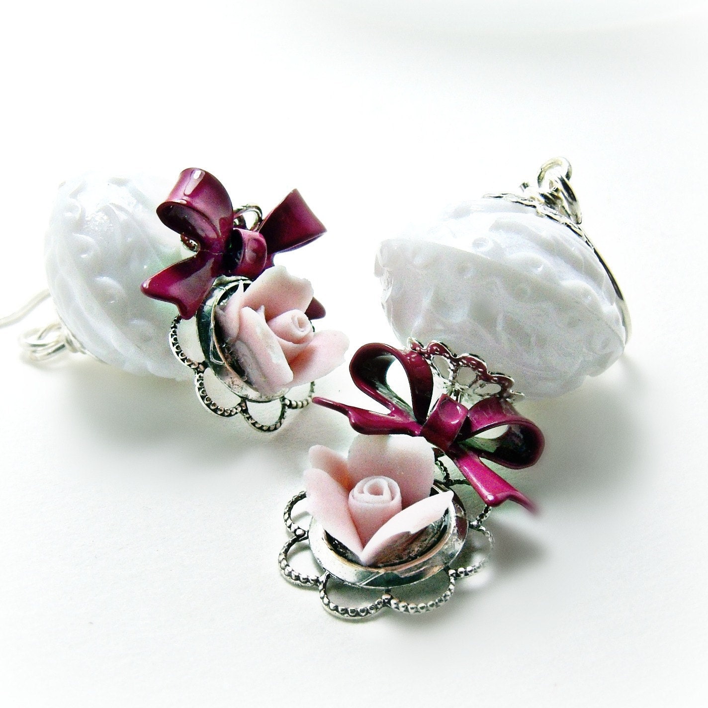 Shabby Chic White Earrings w/ Rose and Bow- Milk Glass- White Jewelry-Valentines Day - Flower Jewelry-Flower Earrings-Sterling Silver