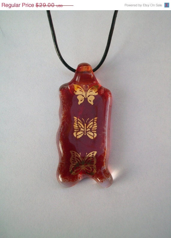 ON SALE Fused Glass Necklace with 22 Karat Gold Butterfly's, Red and Clear Glass, SRAJD