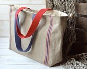 Eco friendly French bag Market tote with LINEN Blue and Red Stripes