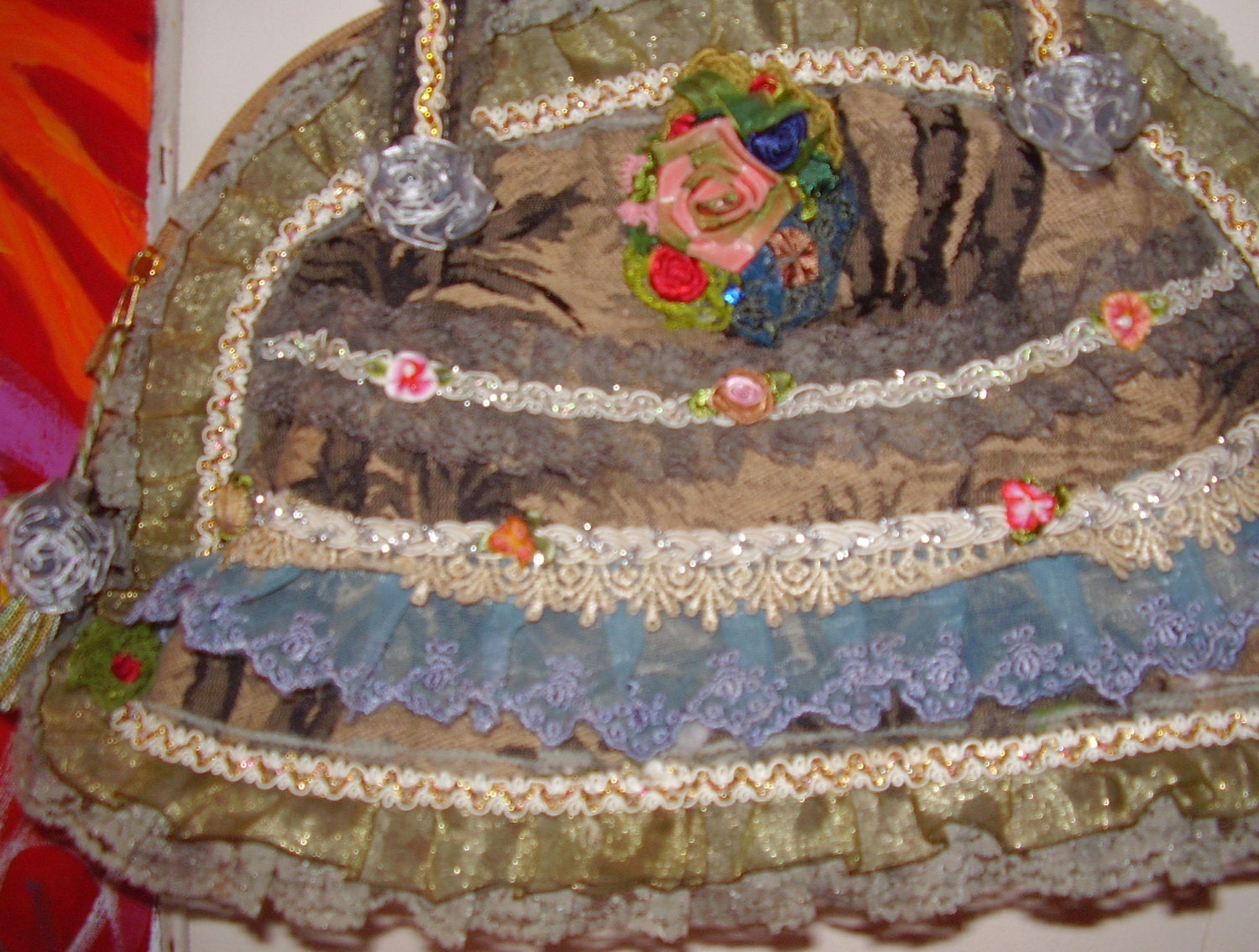 FRILLS and THRILLS vtg handmade handbag with tons of frills and tapestries fairie victorian