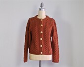 1980s Lands End rust cable knit cardigan / Vintage Lands End sweater