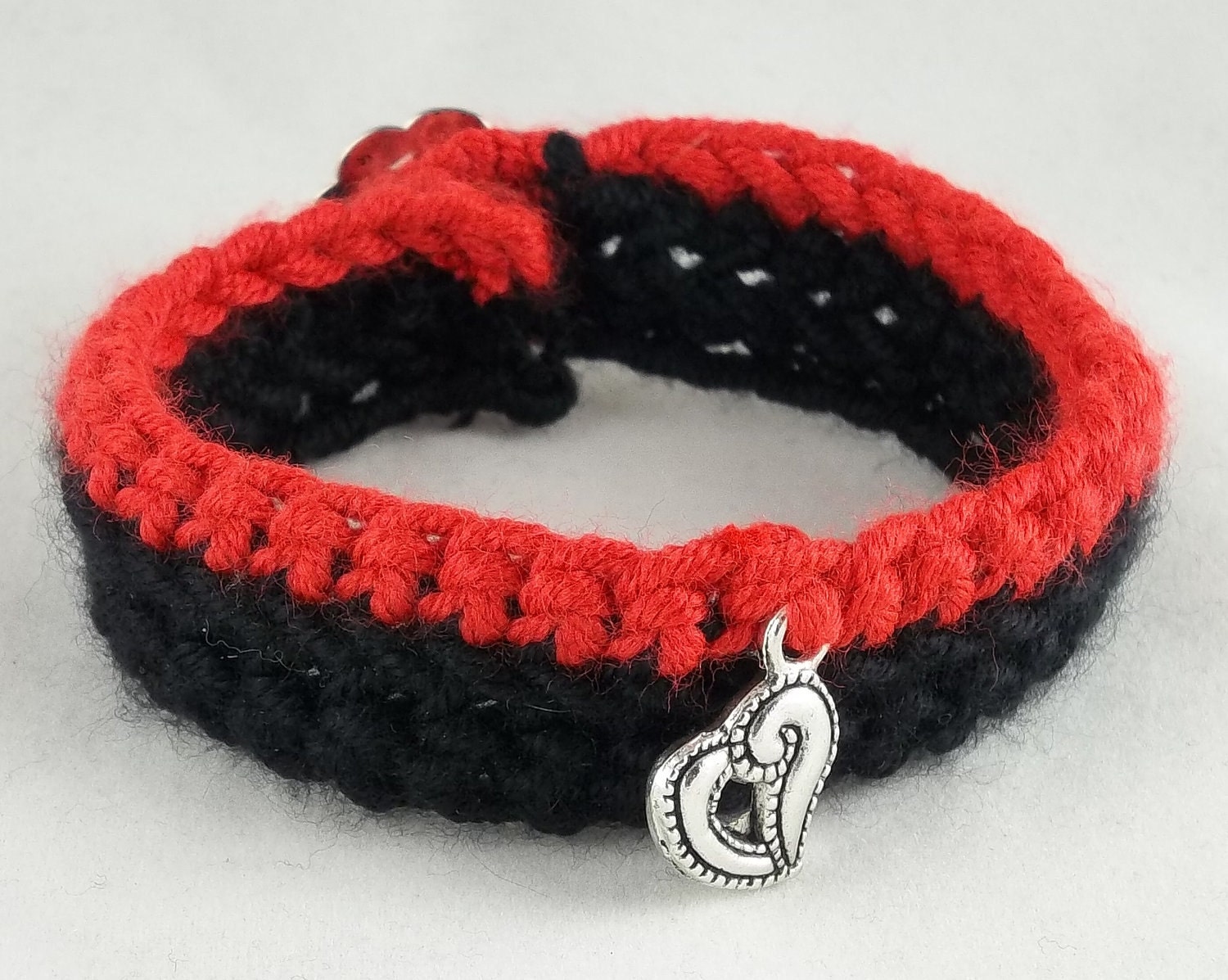 Crochet Bracelet and Heart Charm in Red and Black