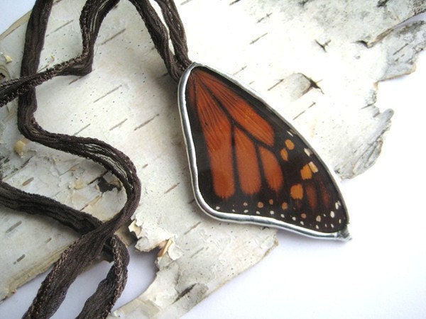 Monarch Butterfly Wing - glass necklace on silk