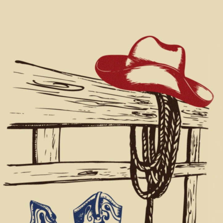 Country Western Cowboy Boots, Hat and Scene, Vinyl Wall Decal, Sticker