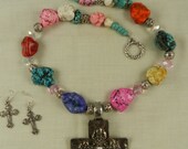 Chunky Cross Necklace Multicolored Turquoise Magnesite