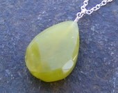 Faceted Olive Jade Pendant Necklace with silver chain