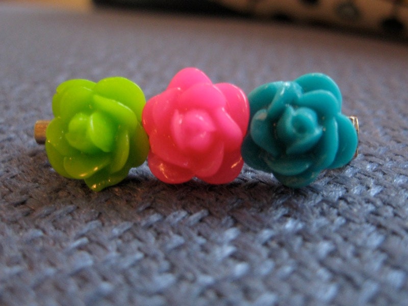 Bright Pink, Blue & Green Plastic Flower Pin