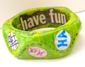 Chunky Green Bracelet - The Laughing Bangle Bracelet - Decoupage Paper Jewelry - happy, silly, Dr. Seuss