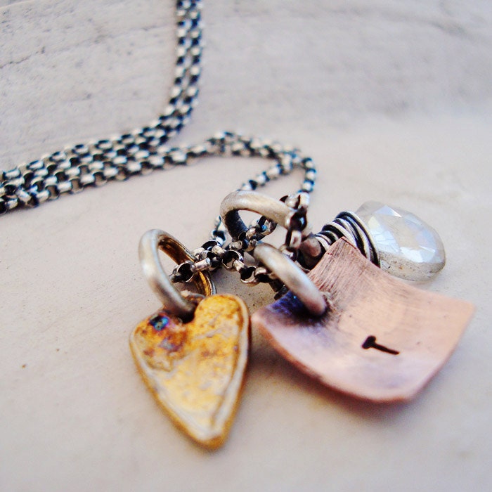 mixed metal rustic initial charm necklace ... valentines personalized hand stamped copper necklace... shabby chic rustic necklace...