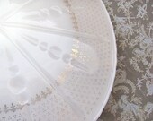 vintage milk glass cake stand gold lace fleur de lis design