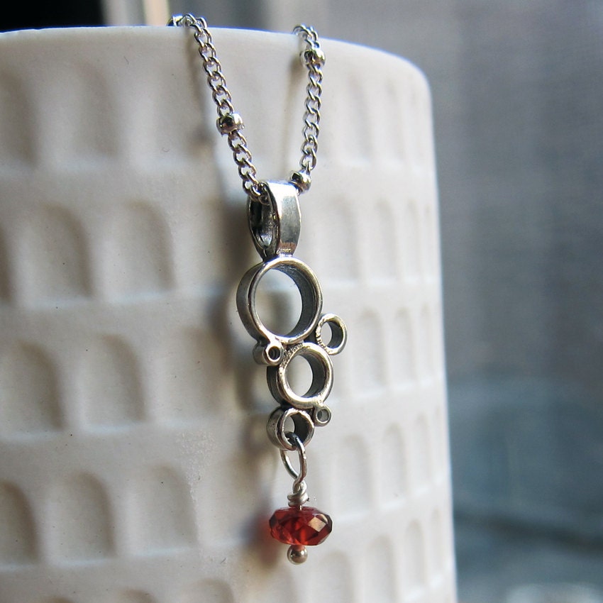 Tiny bubbles, sterling circles, red garnet, Valentine jewelry, Modern oxidized sterling silver Bubbles necklace, 16 inch chain