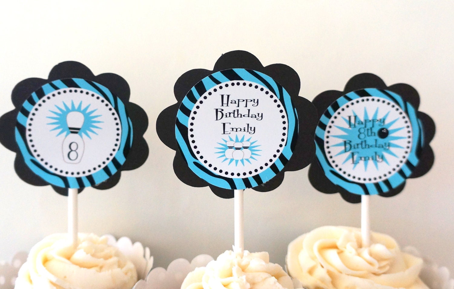 Zebra and Turquoise Bowling cupcake Toppers for Girl Bowling Birthday Party