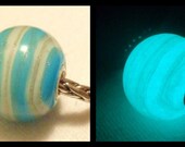 Glow in the Dark Glass "White and Aqua encased in Aventurine" Lampwork Big Hole Bead, fits Pandora and all European Style Charm Chains