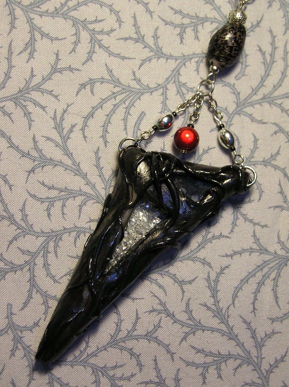Red, Silver and Black, Mixed Media, Triangle Glass Shards Pendant with Vines