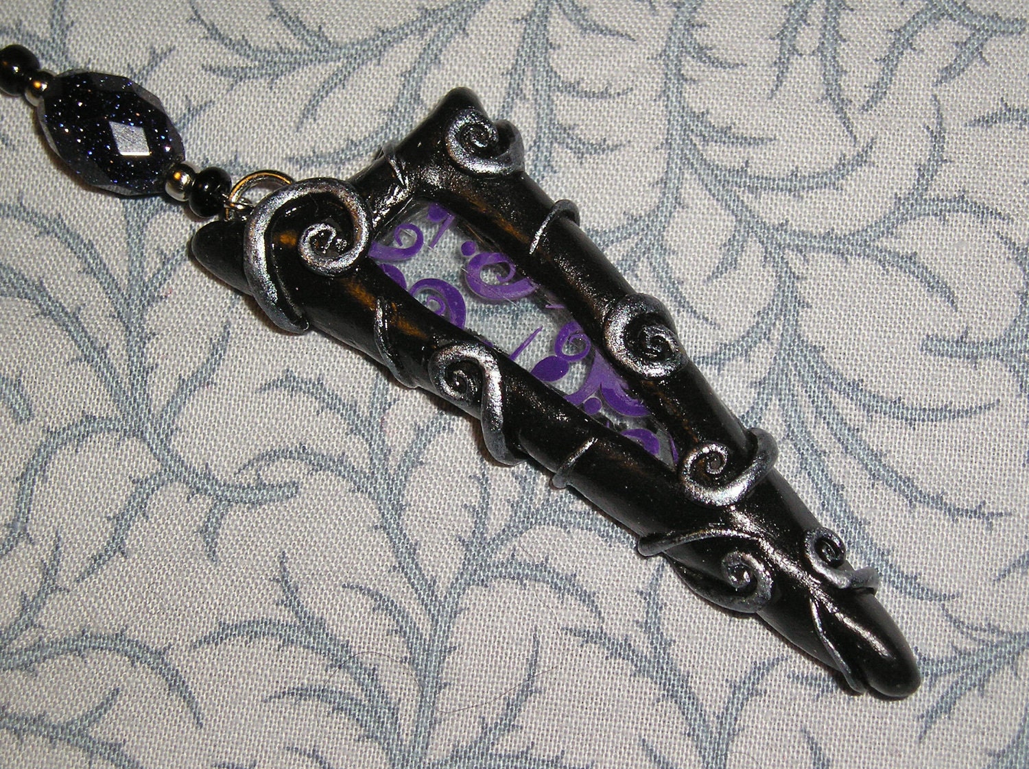 Black, Purple, and Silver Brocade Design, Glass Shard Pendant