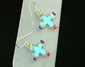 Sterling Silver turquoise, lapis, coral, amethyst and peridot cross earrings