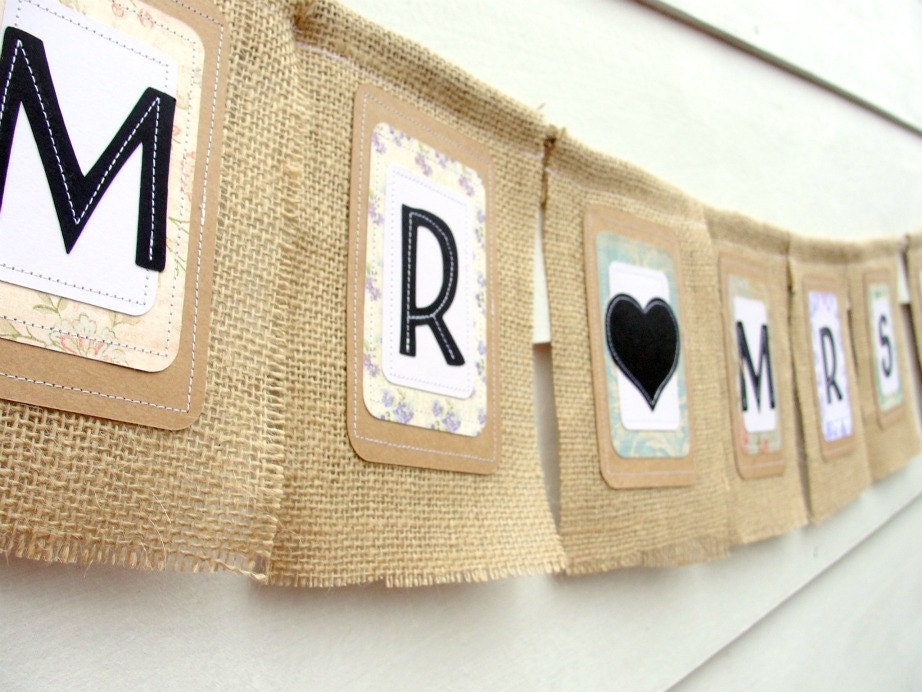 MR & MRS Burlap Garland Flags with Heart, Custom Colors Available