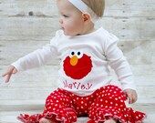 Custom Boutique Clothing Sesame Street Elmo Red Shirt and Ruffle Pants Set 12m 18m 2T 3T 4T 5T