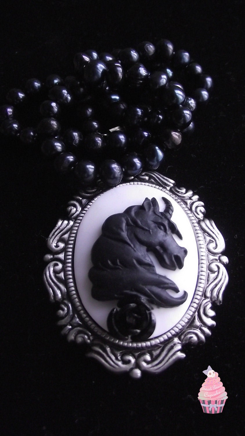 Elegant Unicorn Cameo Necklace with Real Pearls