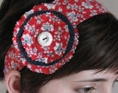 REVERSIBLE HEADBAND recycled blue denim with red vintage floral hair clip by Lynn Minney Designs