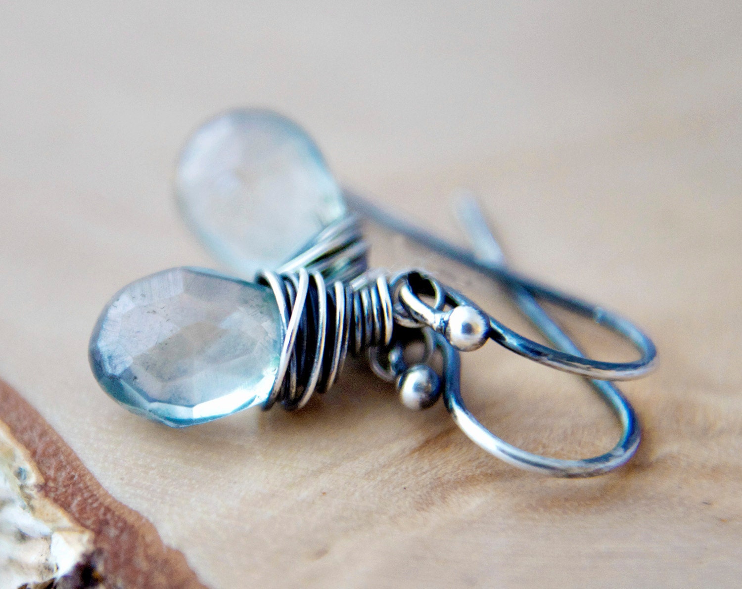Rainy Day Earrings Ice Blue Quartz Wire Wrapped Sterling Silver Dangle Fashion Under 50