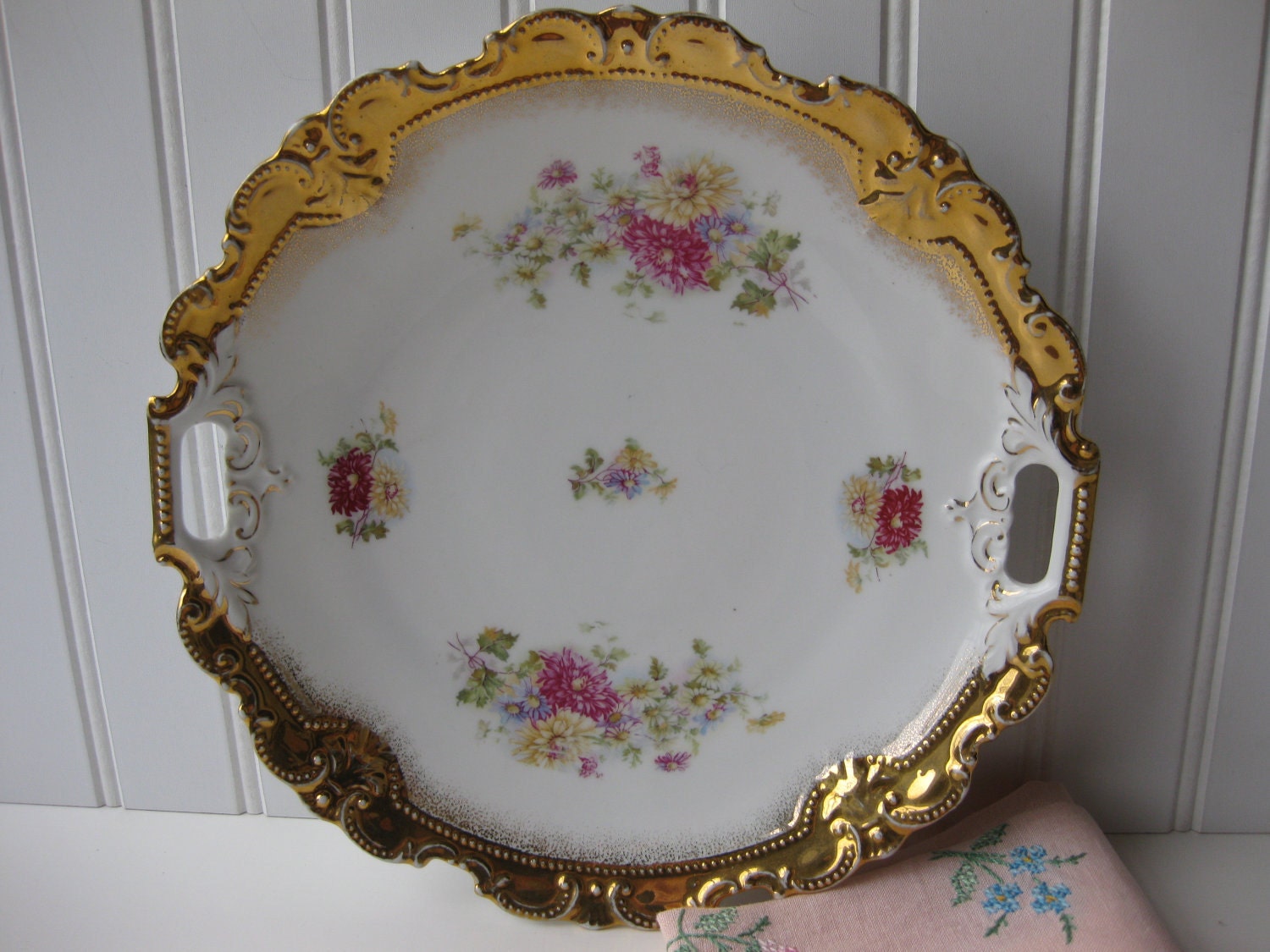 Vintage Pink Floral Gold Trimmed Handled Cake Plate