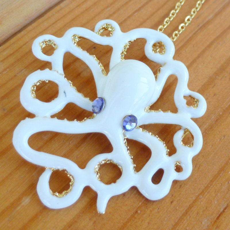 Steampunk GREAT White Octopus Necklace Victorian pendant charm pirate bride bridal bridesmaid jewelry