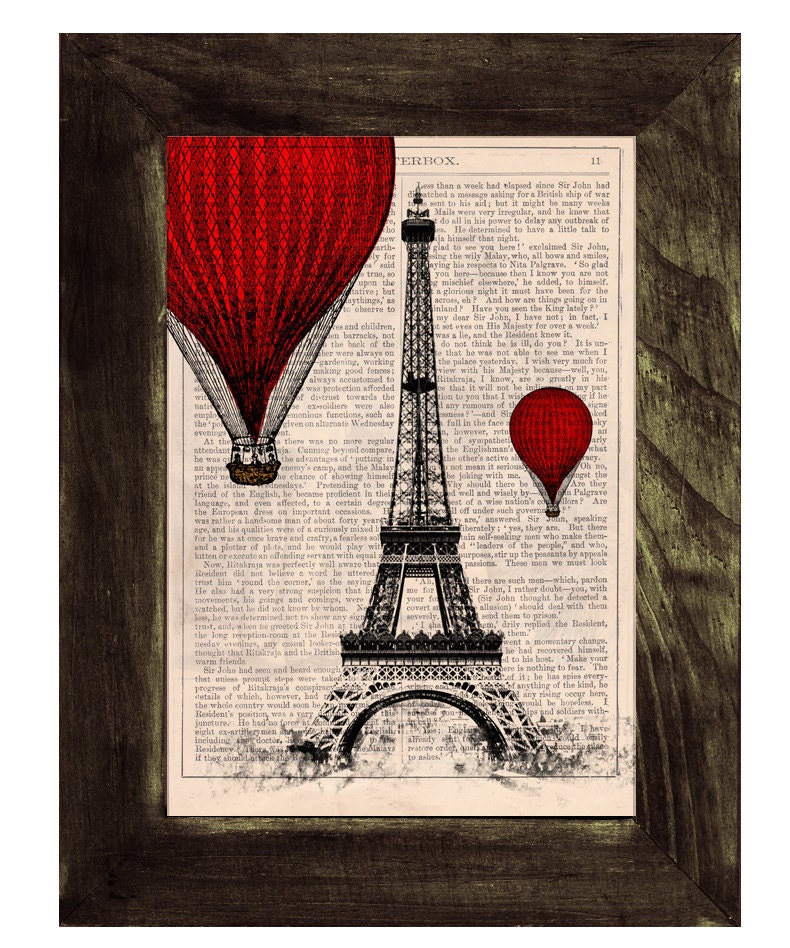 Vintage Book Print -  Eiffel Tower Balloon Ride Print on Vintage Book art
