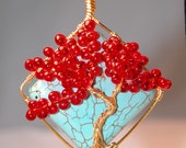 Red and Gold Tree Of Life Wire Wrapped Onto A Aqua Bead Pendent