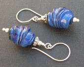 boro glass beaded earrings lustrous blue wound and wrapped beads- blue swirl