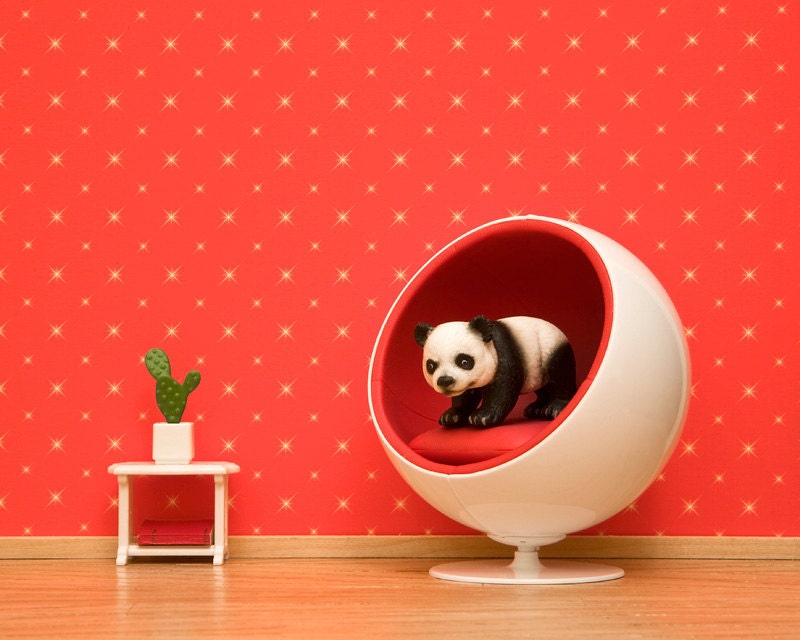 panda art, bright red, eames mid century modern, cute animal - Panda Ball 8 x 10