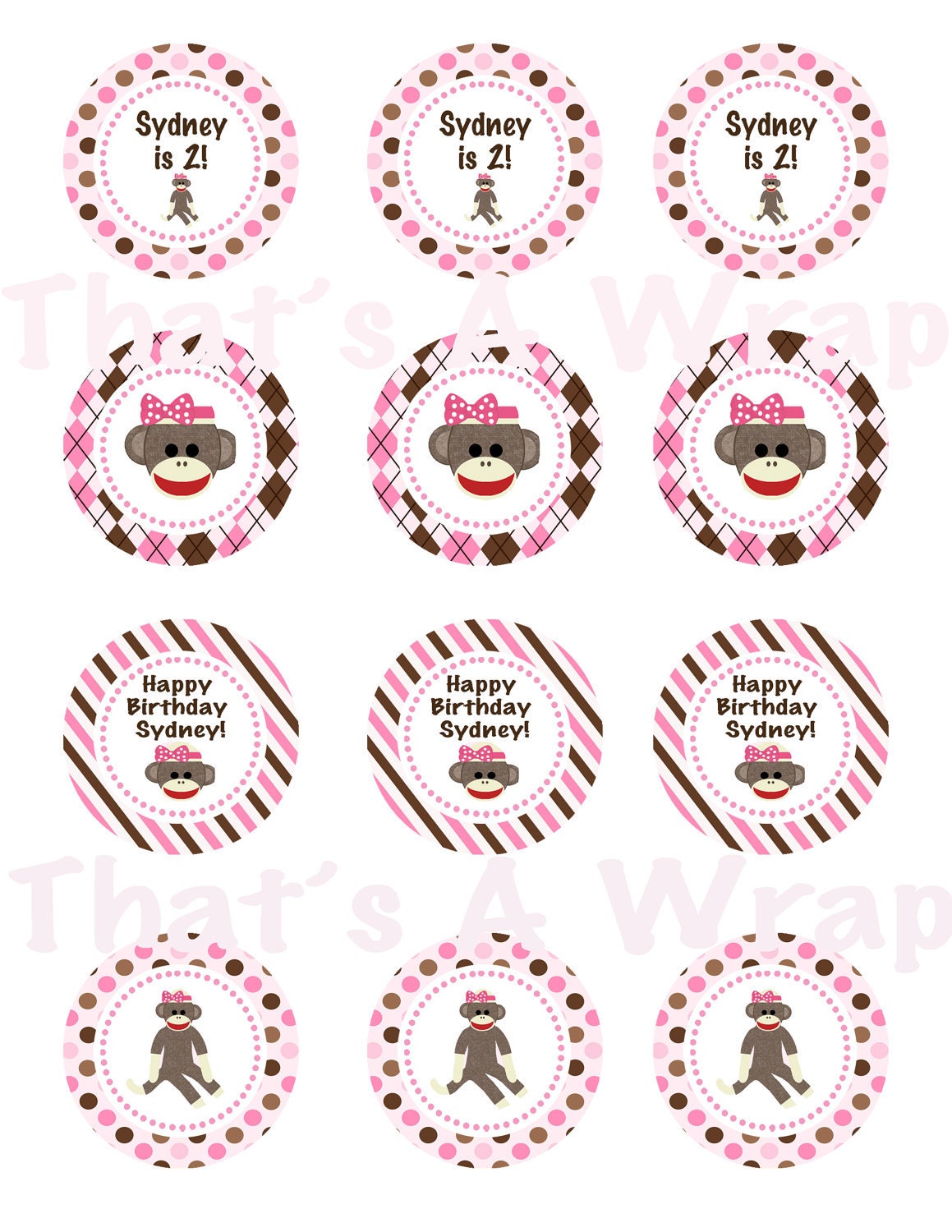 Girl Sock Monkey Birthday Party Baby Shower Personalized DIY Printable Cupcake Toppers Pink Brown