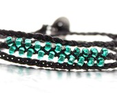 Beaded Black Wrap Bracelet with Emerald Glass Beads