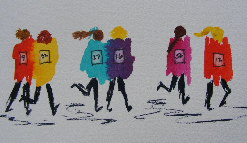 The Girlfriends-Original Watercolor of Women Friends Running a Marathon