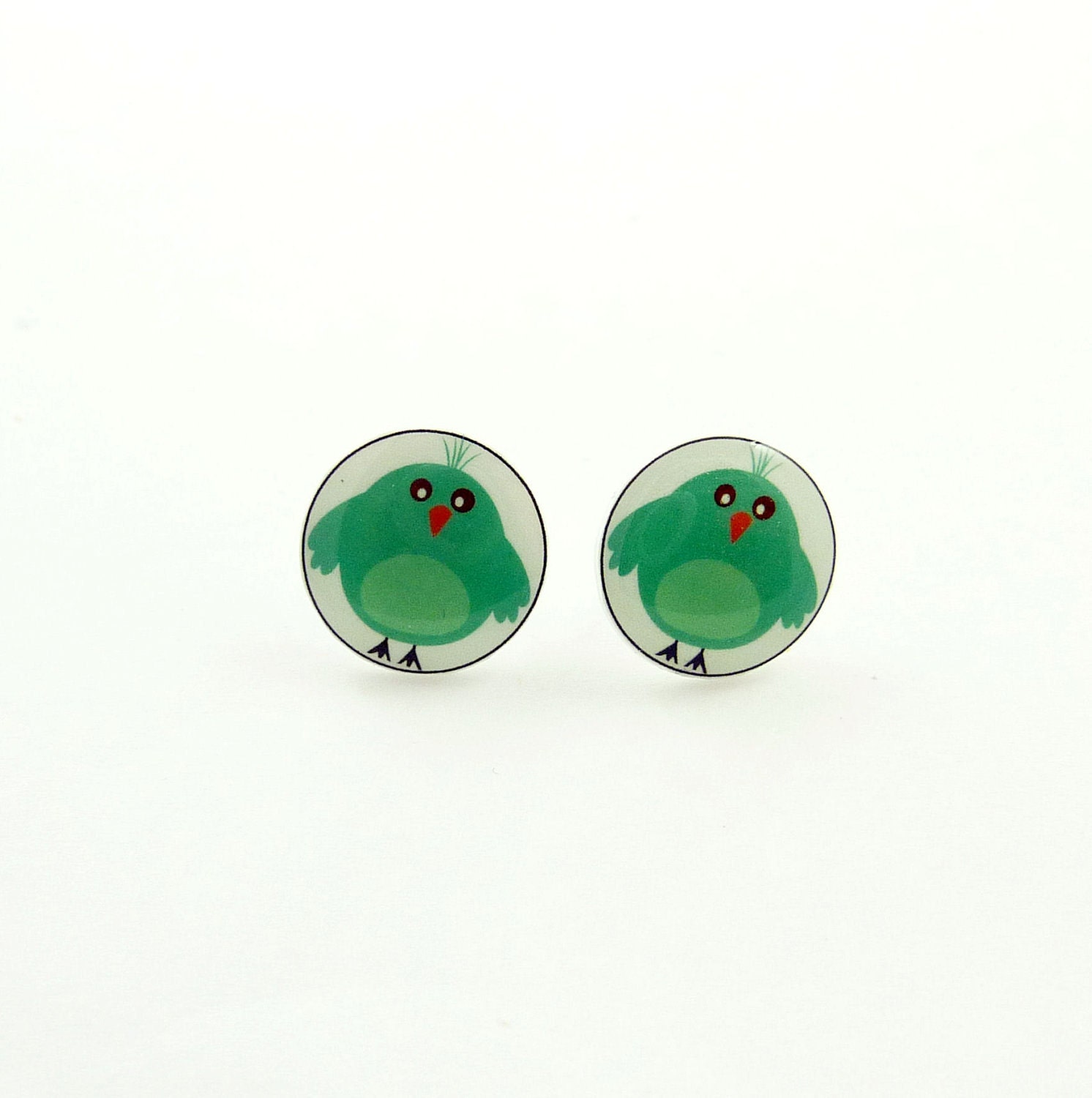 Bird  Earrings.  Resin Earrings.   Green Blue Round Bird Resin Post Earrings.