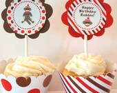 Personalized Boy Sock Monkey Cupcake Kit for Boy Birthday Party Boy Baby Shower in Red and Brown