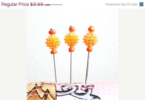 3 pcs Orange Decorated Multi use Straight Pins, needles - Berry Beads - For Pincushions, Coark Board and Wall