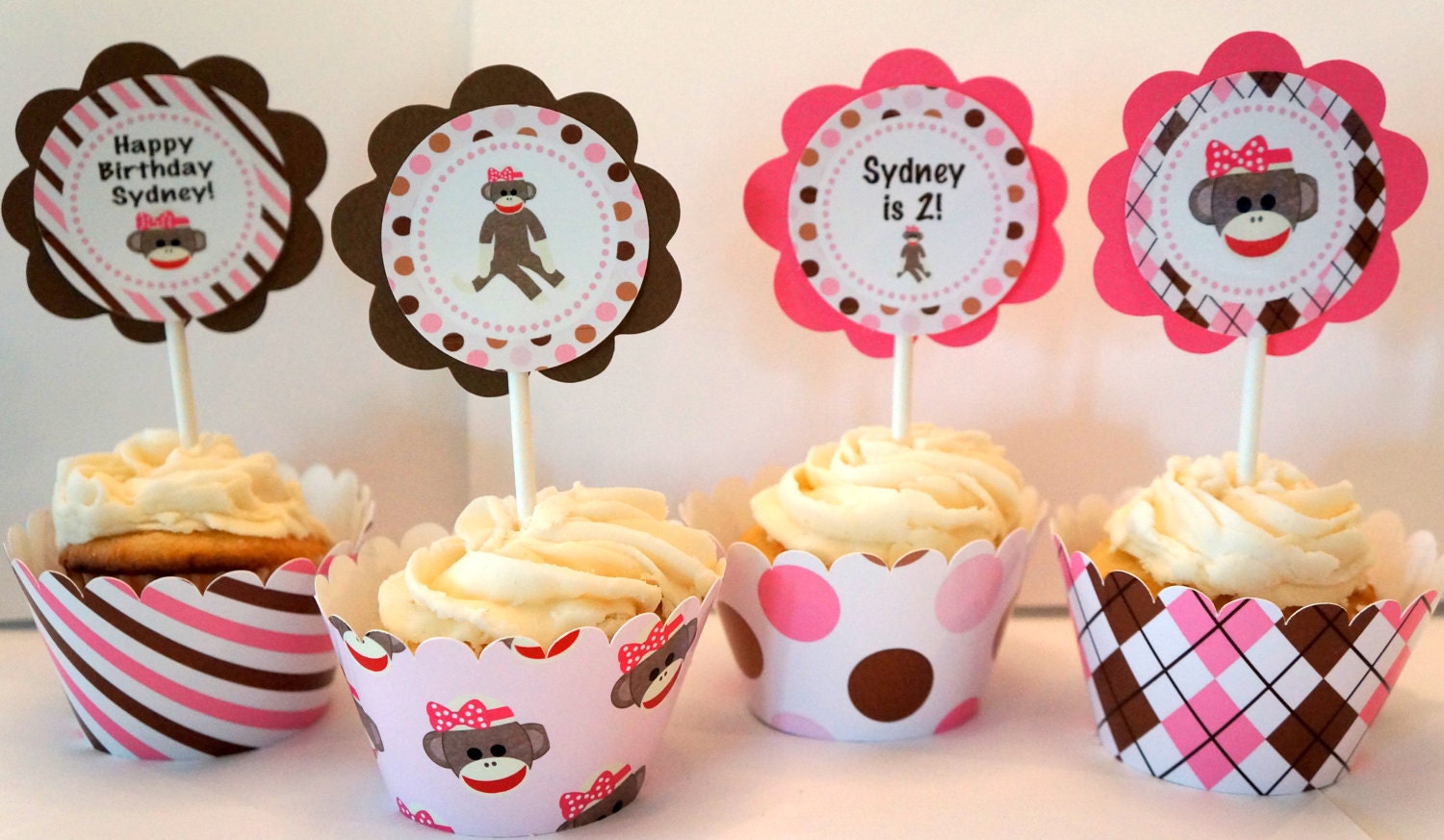 Personalized Girl Sock Monkey Cupcake Kit for Girl Birthday Party Girl Baby Shower in Pink and Brown
