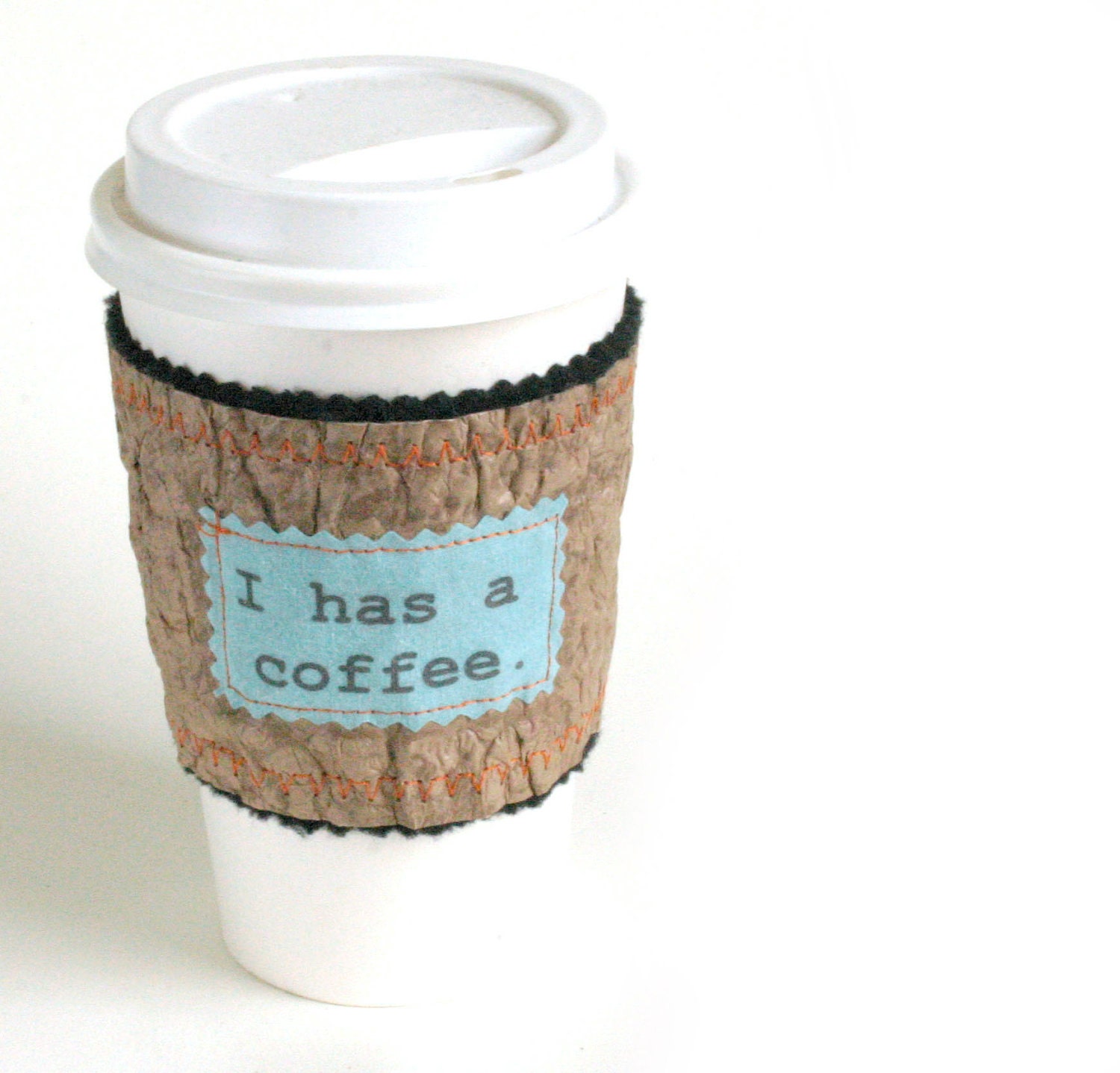 I Has a Coffee Sleeve or Cup Cozy made from Fused Plastic Bags