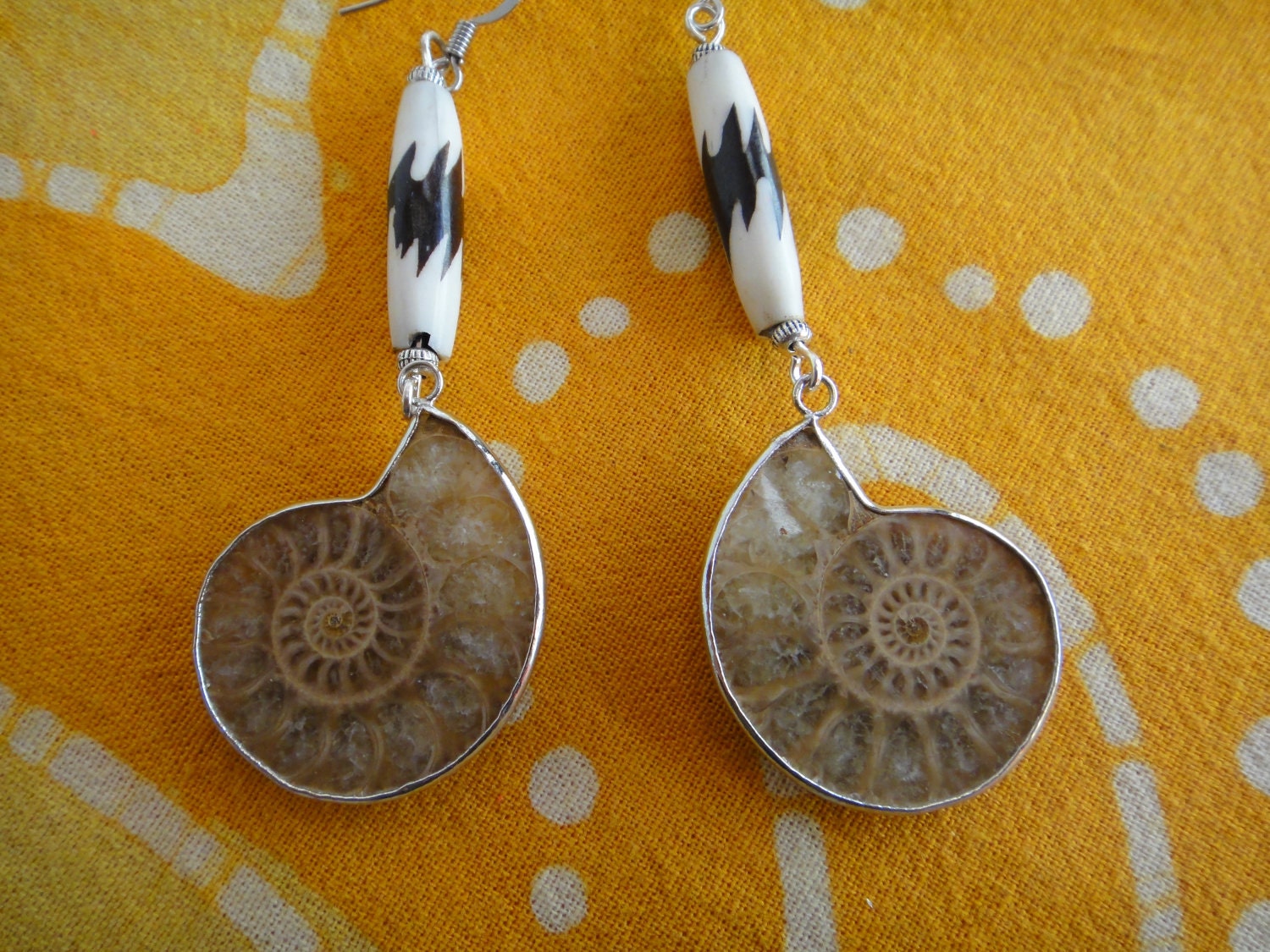 Fossil Ammonite Lightning Bolt Batik Earrings