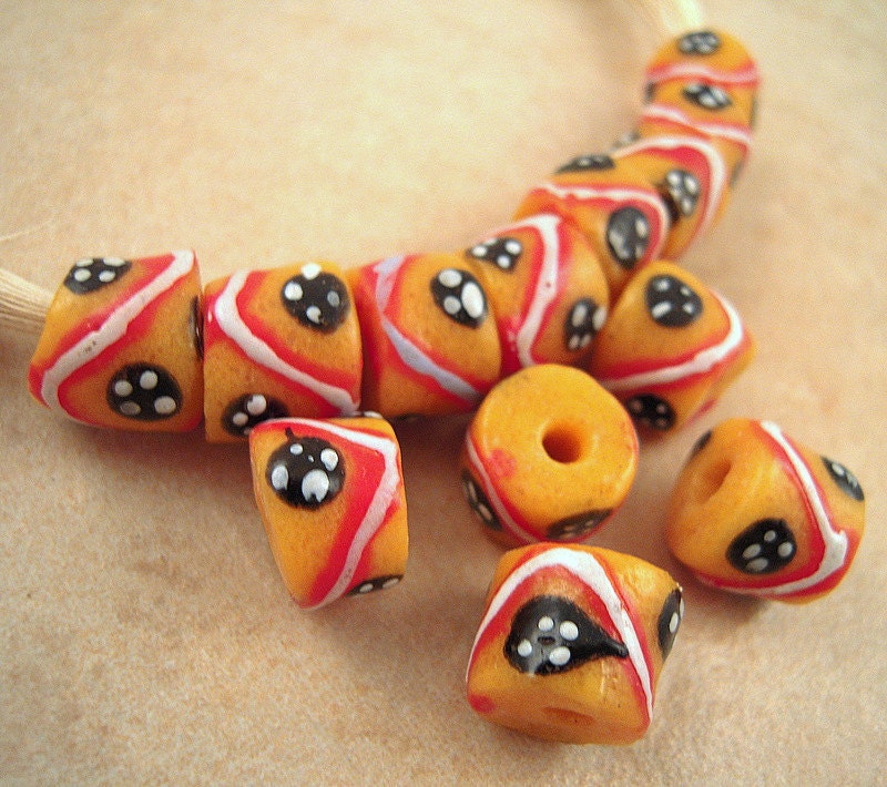 12 African Beads, African Glass Beads, African Orange Glass Beads, Powder Glass Beads, Ghana Beads, Set A